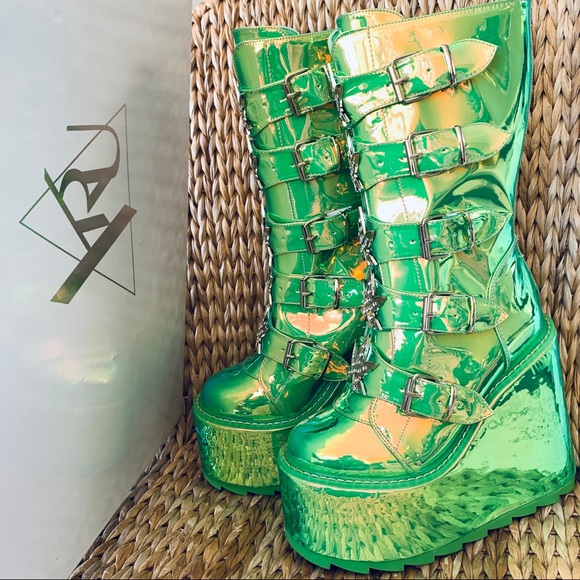 New YRU Dune Weed Green Holo Platform  Boots - Picture 3 of 8